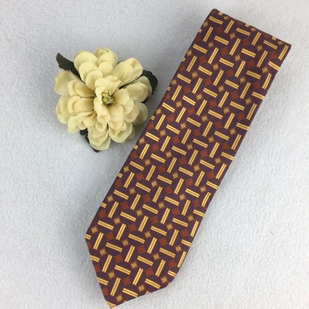 Hickey Freeman 100% Silk Purple & Tan Geometric Circle Print Tie